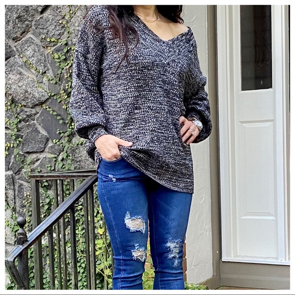 Peppered V balloon sleeves knit V sweater - Picture 9 of 9